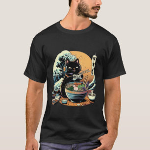 Schattige Zwarte Kat Gamer met Ramen Japan Stijl K T-shirt