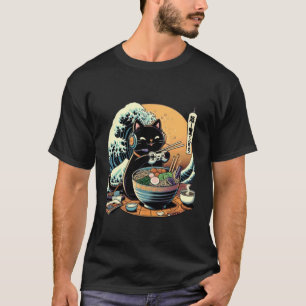 Schattige Zwarte Kat Gamer met Ramen Japan Stijl K T-shirt