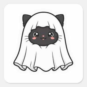 Schattige Zwarte Kat Geest Halloween Kawaii Vierkante Sticker