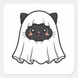 Schattige Zwarte Kat Geest Halloween Kawaii Vierkante Sticker