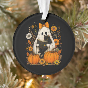 Schattige Zwarte Kat Geest Leest Boek Halloween Ornament