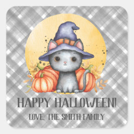 Schattige Zwarte Kat Gelukkig Halloween Vierkante Sticker