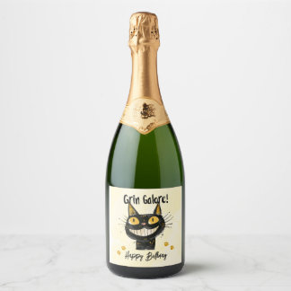 Schattige Zwarte Kat Gelukkige Verjaardag Sparkling Wijnetiket