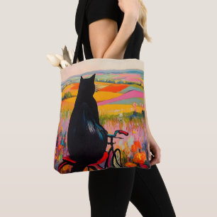 Schattige zwarte kat genietend van de natuur met f tote bag