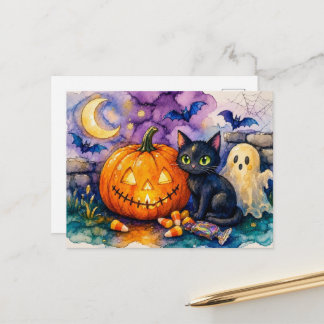 Schattige Zwarte Kat Halloween Briefkaart