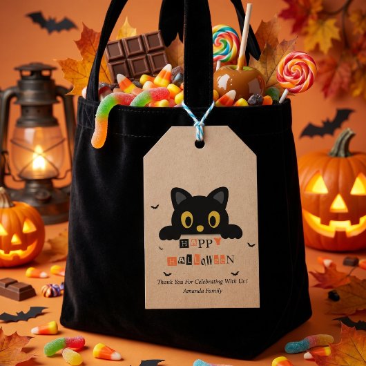 Schattige Zwarte Kat Halloween Cadeaulabel