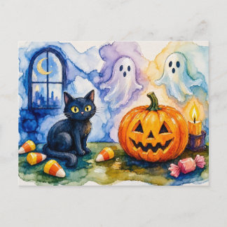 Schattige Zwarte Kat Halloween Geesten Briefkaart