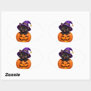 Schattige Zwarte Kat Halloween Heks Pompoen Sticke Ovale Sticker
