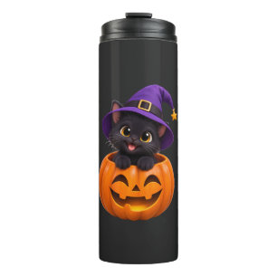 Schattige Zwarte Kat Halloween Heks Pompoen Sticke Thermosbeker