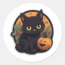 Schattige Zwarte Kat Halloween Jack-o'-Lantern  Ronde Sticker