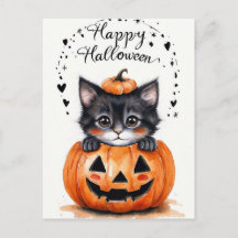 Schattige Zwarte Kat Halloween Kaart | Gelukkig Ha