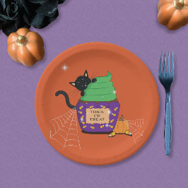 Schattige Zwarte Kat Halloween Oranje Papieren Bor Bordje