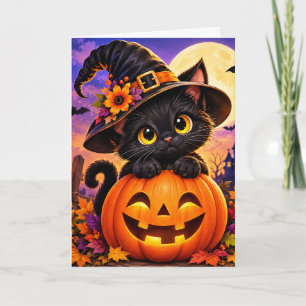 Schattige Zwarte Kat Halloween Pompoen Heksenhoed Feestdagen Kaart