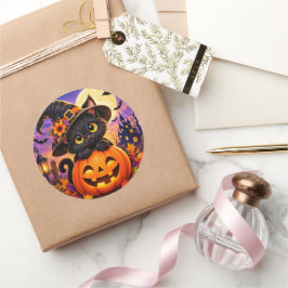 Schattige Zwarte Kat Halloween Pompoen Heksenhoed Ronde Sticker