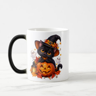 Schattige Zwarte Kat Halloween Pompoen Kleurverand Magische Mok