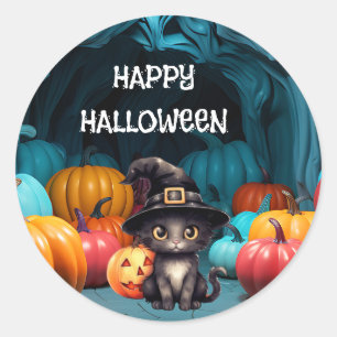 schattige zwarte kat Halloween pompoen lantaarn Ronde Sticker