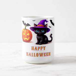 Schattige Zwarte Kat Halloween Pompoen Scene 🐈‍⬛ Koffiemok