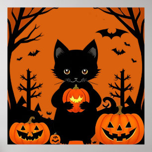 Schattige Zwarte Kat Halloween Pompoenen Spoken Poster
