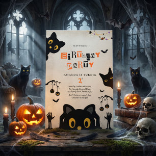 Schattige Zwarte Kat Halloween Verjaardag Kaart