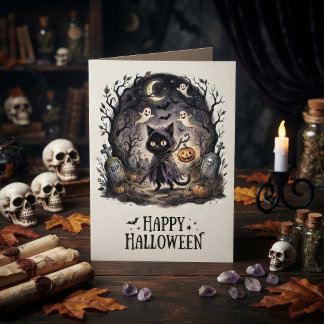 Schattige Zwarte Kat Heks Halloween Kaart