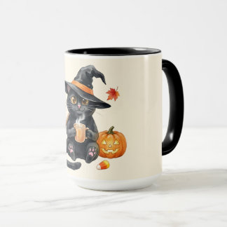 Schattige Zwarte Kat Heks Halloween Kawaii Mok