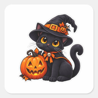 Schattige Zwarte Kat Heks Halloween Pompoen Vierkante Sticker