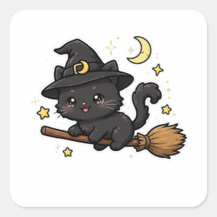 Schattige Zwarte Kat Heks Halloween Vierkante Sticker