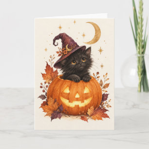 Schattige Zwarte Kat Heks Pompoen Halloween Kaart
