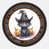 Schattige Zwarte Kat | Heksenhoed Circulaire Retou Ronde Sticker (Voorkant)