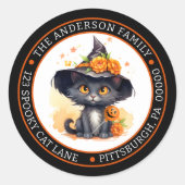 Schattige Zwarte Kat | Heksenhoed Circulaire Retou Ronde Sticker (Voorkant)