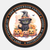 Schattige Zwarte Kat | Heksenhoed Cirkel Retouradr Ronde Sticker (Voorkant)