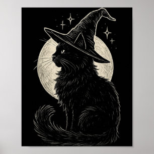 Schattige Zwarte Kat Heksenhoed Maan Retro Coquett Poster