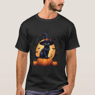Schattige Zwarte Kat Heksenhoed Pompoen Maan Hallo T-shirt