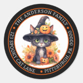 Schattige Zwarte Kat | Hekshoed Cirkel Retouradres Ronde Sticker (Voorkant)