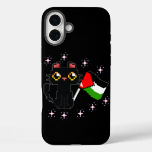 Schattige zwarte kat houdt Palestijnse vlag vast iPhone 16 Plus Hoesje