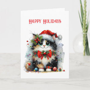 Schattige zwarte kat in een kerstmuts Rode fijne f Kaart