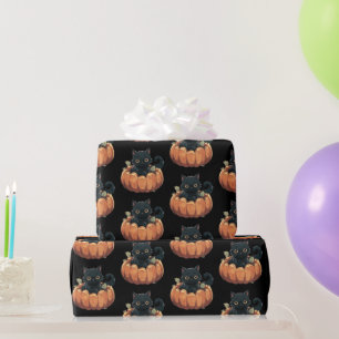 Schattige Zwarte Kat in een Pompoen Patroon Hallow Cadeaupapier
