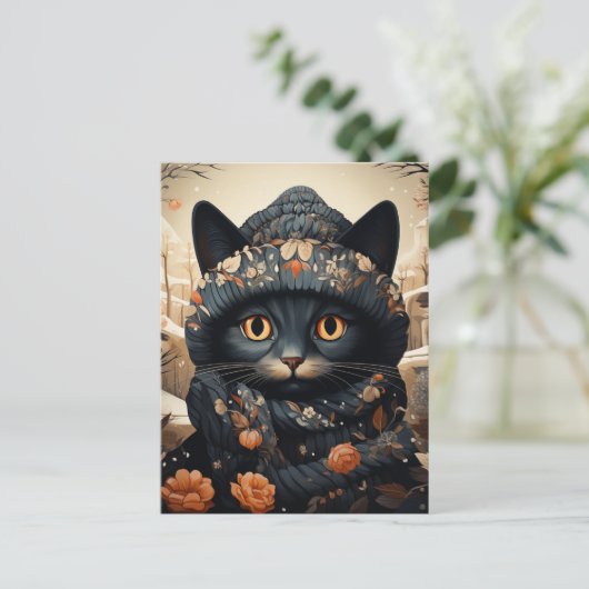 Schattige zwarte kat in een sjaal en Pet Briefkaart (Staand voorkant)