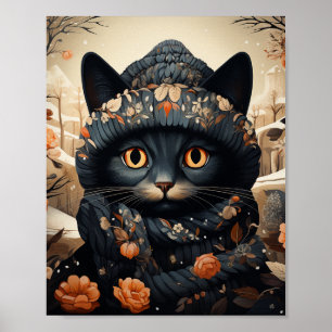 Schattige zwarte kat in een sjaal en Pet Poster
