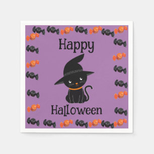 Schattige zwarte kat in heksenhoed Fijne Halloween Servet