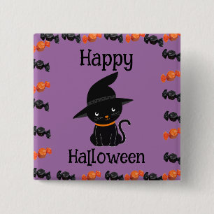 Schattige zwarte kat in heksenhoed Fijne Halloween Vierkante Button 5,1 Cm