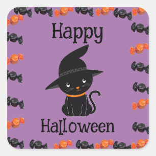 Schattige zwarte kat in heksenhoed Fijne Halloween Vierkante Sticker