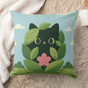 Schattige Zwarte Kat in het Loof Digitale Kunst Kussen