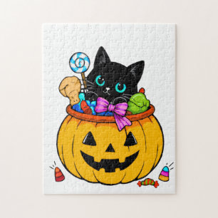 Schattige Zwarte Kat in Jack-O'-Lantern Pompoen Ha Legpuzzel