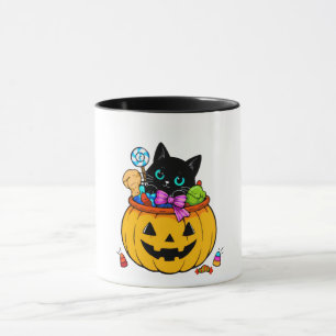 Schattige Zwarte Kat in Jack-O'-Lantern Pompoen Ha Mok