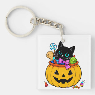 Schattige Zwarte Kat in Jack-O'-Lantern Pompoen Ha Sleutelhanger