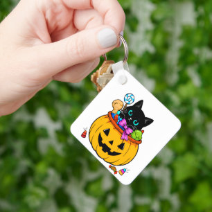 Schattige Zwarte Kat in Jack-O'-Lantern Pompoen Ha Sleutelhanger