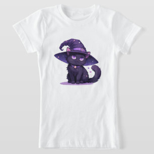 Schattige Zwarte Kat In Paarse Heksenhoed Magie ✨ T-shirt