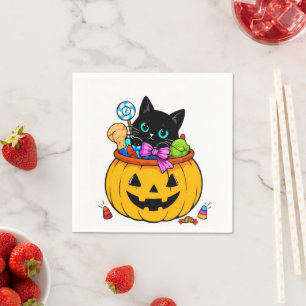 Schattige Zwarte Kat in Pompoen Emmer Halloween Sn Servet