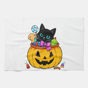 Schattige Zwarte Kat in Pompoen Emmer Halloween Sn Theedoek
